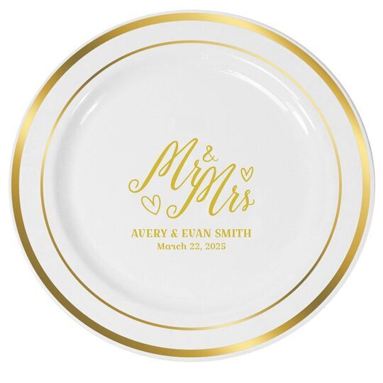 Mr. and Mrs. Hearts Premium Banded Plastic Plates